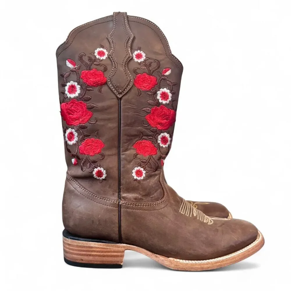 White Diamond Women’s Western Boots 7.5 Brown Leather Embroidered Square Toe